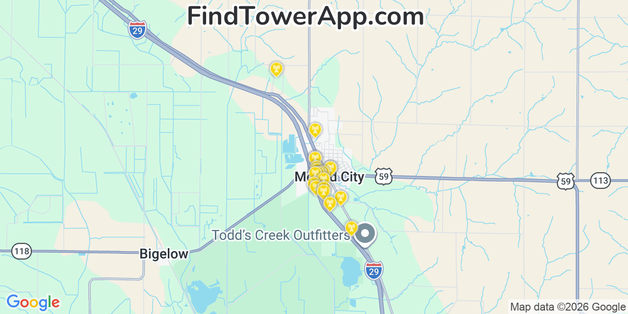 Map showing the 20 primary cell tower locations detected in Mound City, Missouri from AT&T, Verizon, and T-Mobile networks