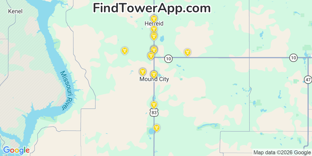 Map showing the 20 primary cell tower locations detected in Mound City, South Dakota from AT&T, Verizon, and T-Mobile networks