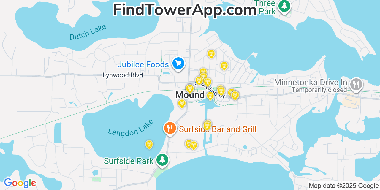 Map showing the 20 primary cell tower locations detected in Mound, Minnesota from AT&T, Verizon, and T-Mobile networks