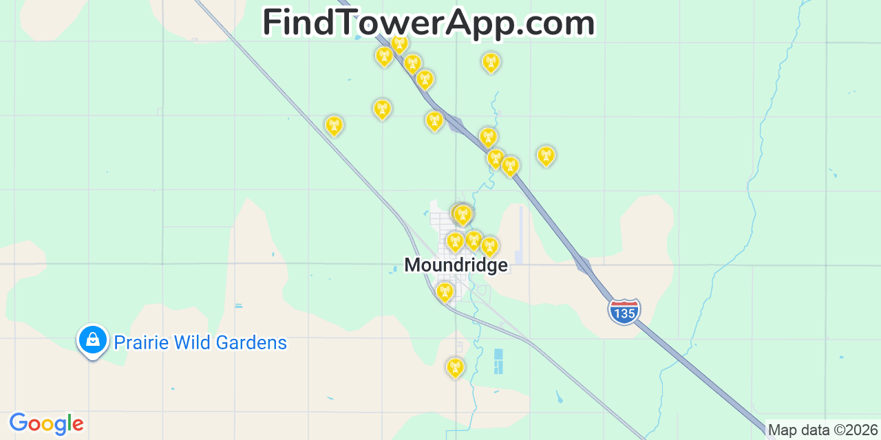 Map showing the 20 primary cell tower locations detected in Moundridge, Kansas from AT&T, Verizon, and T-Mobile networks