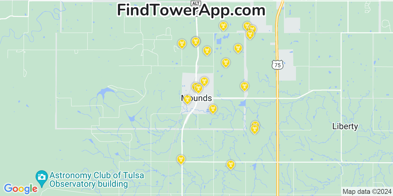 AT&T 4G/5G cell tower coverage map Mounds, Oklahoma