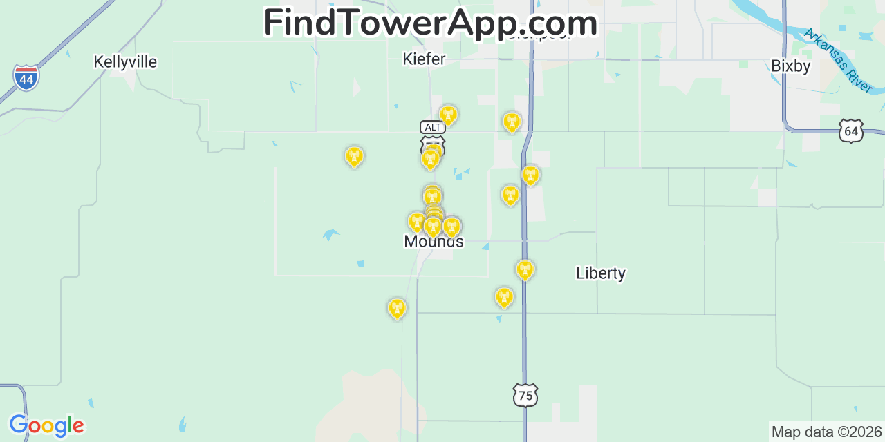 Map showing the 20 primary cell tower locations detected in Mounds, Oklahoma from AT&T, Verizon, and T-Mobile networks