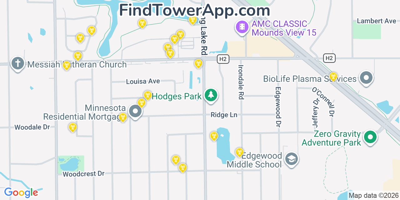 Map showing the 20 primary cell tower locations detected in Mounds View, Minnesota from AT&T, Verizon, and T-Mobile networks
