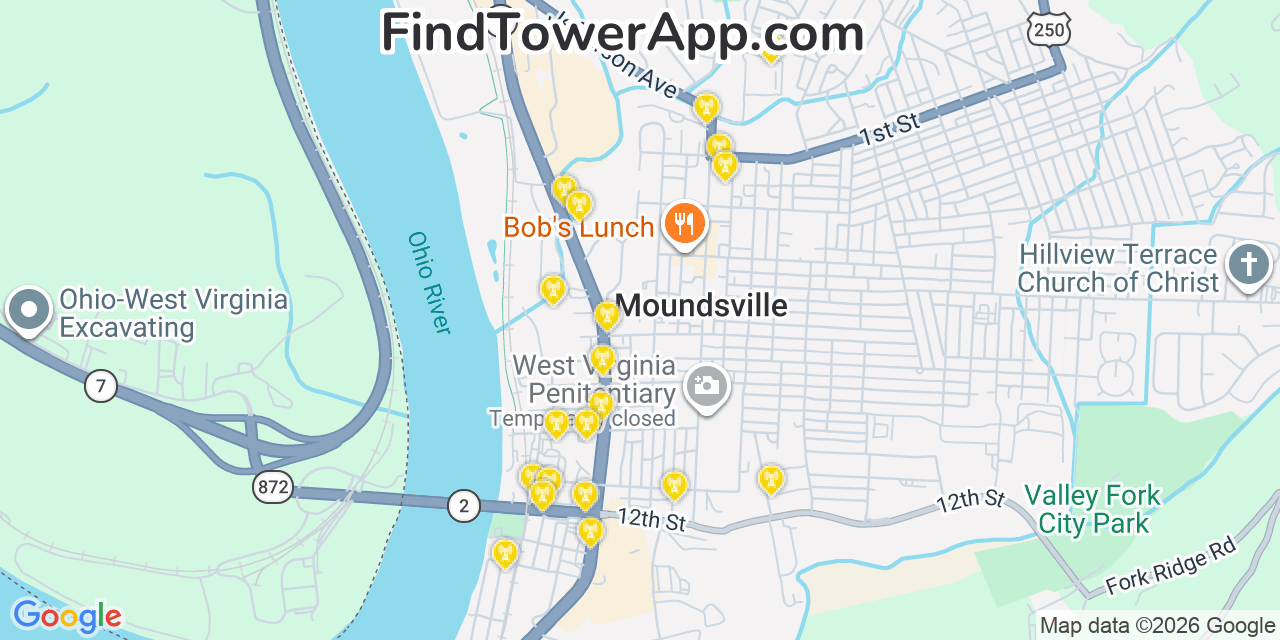 Map showing the 20 primary cell tower locations detected in Moundsville, West Virginia from AT&T, Verizon, and T-Mobile networks
