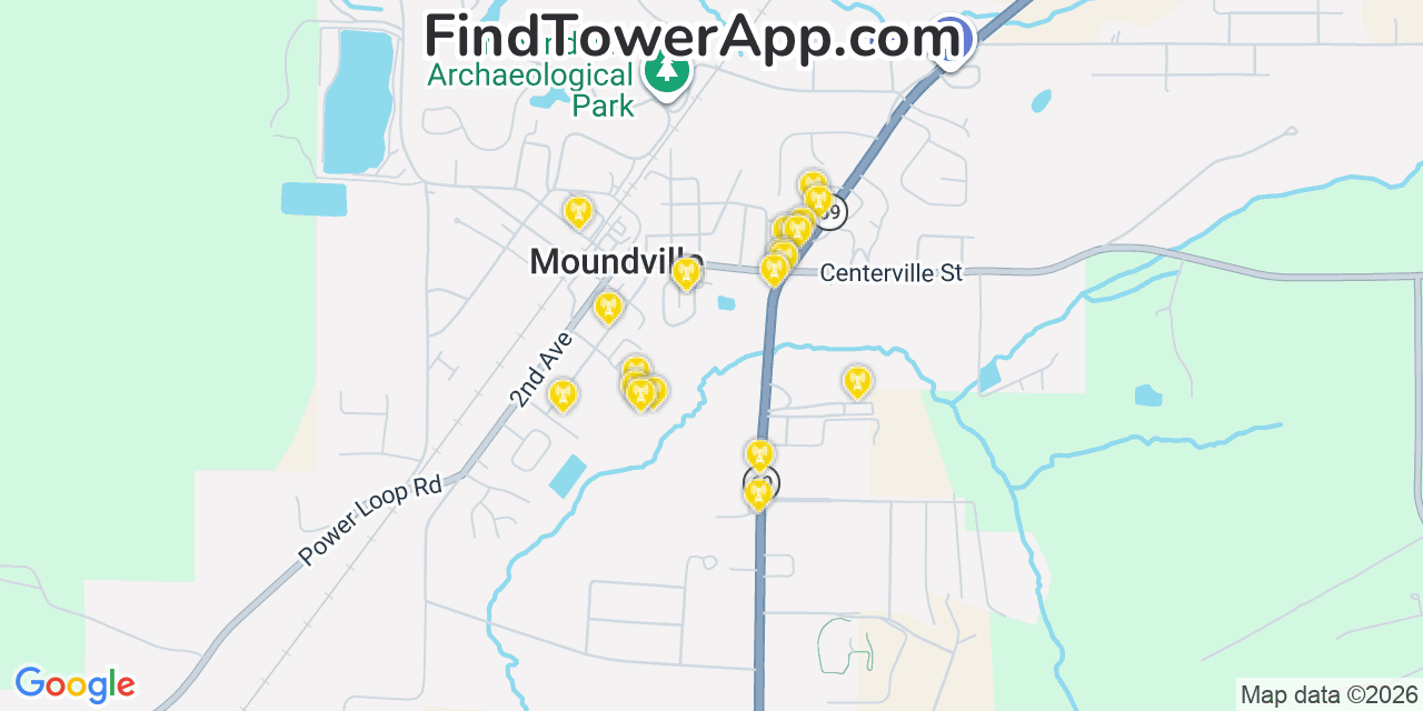 Map showing the 20 primary cell tower locations detected in Moundville, Alabama from AT&T, Verizon, and T-Mobile networks