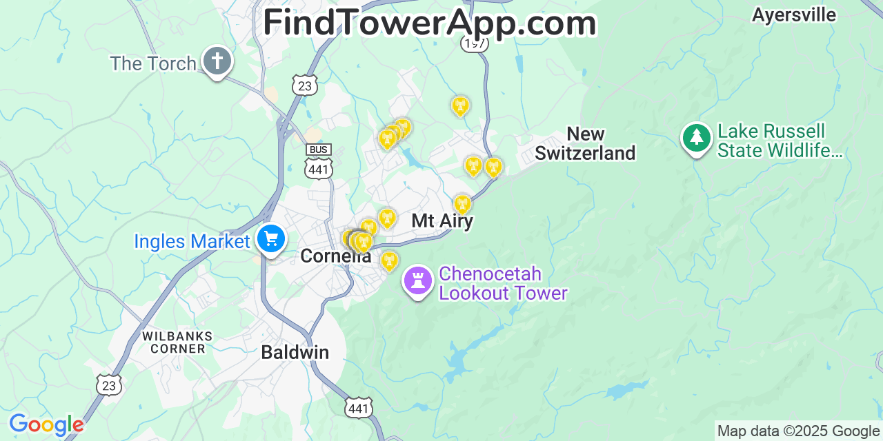 Map showing the 20 primary cell tower locations detected in Mount Airy, Georgia from AT&T, Verizon, and T-Mobile networks