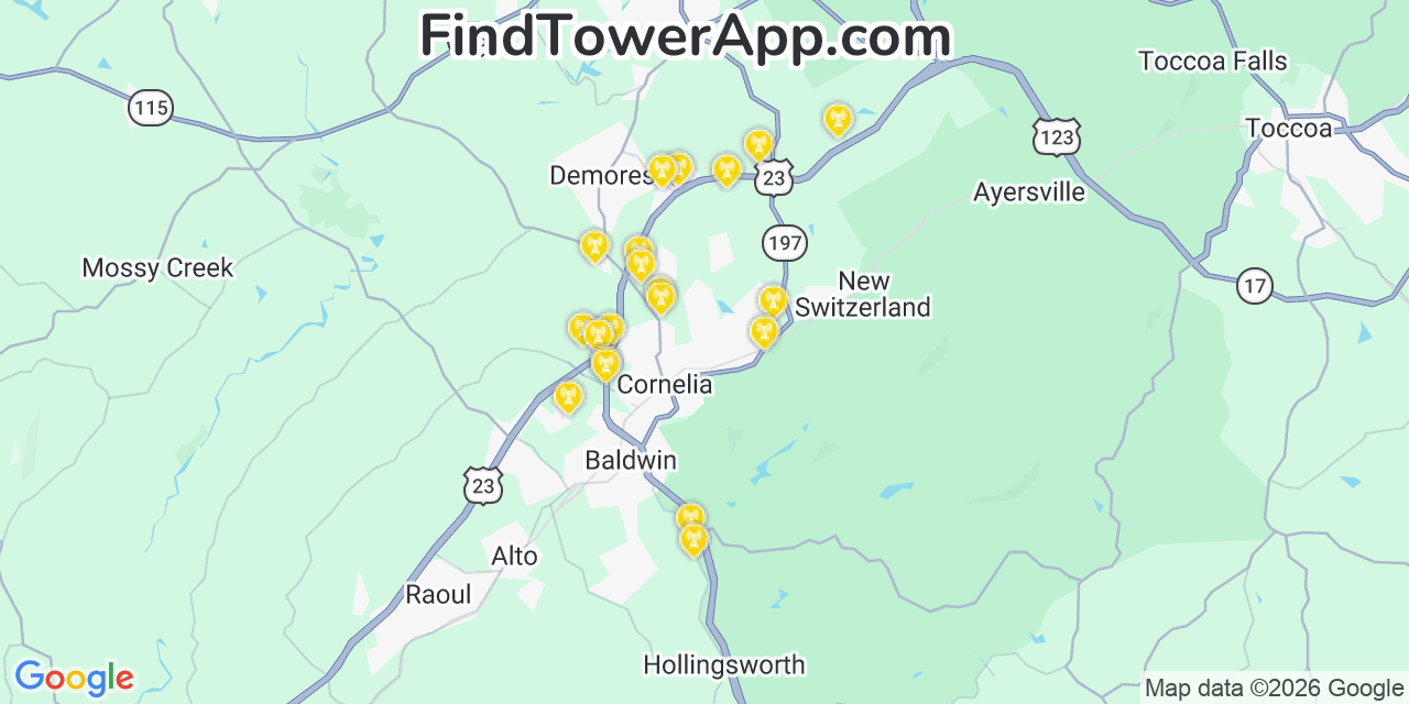 Map showing the 20 primary cell tower locations detected in Mount Airy, Georgia from AT&T, Verizon, and T-Mobile networks