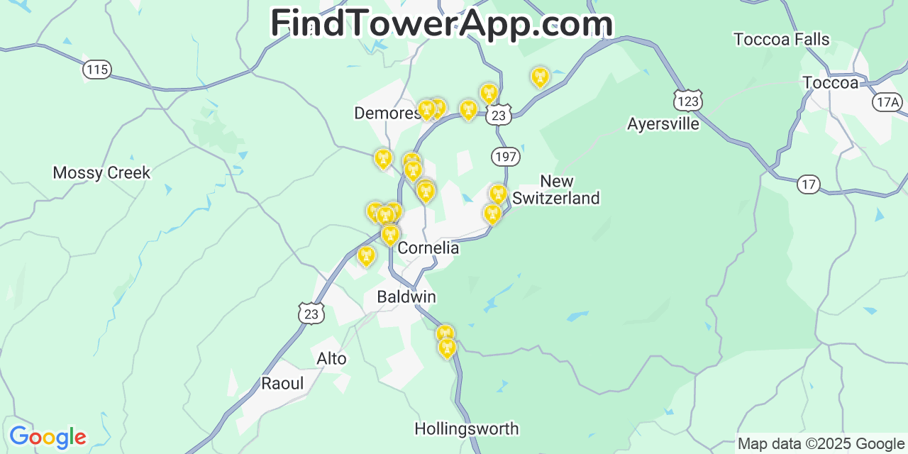 Map showing the 20 primary Mobitel cell tower locations detected in Mount Airy, Georgia with coverage radius and signal strength indicators