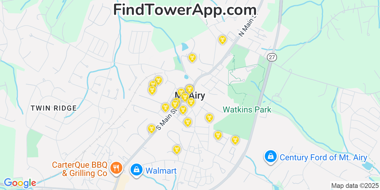 Map showing the 20 primary cell tower locations detected in Mount Airy, Maryland from AT&T, Verizon, and T-Mobile networks