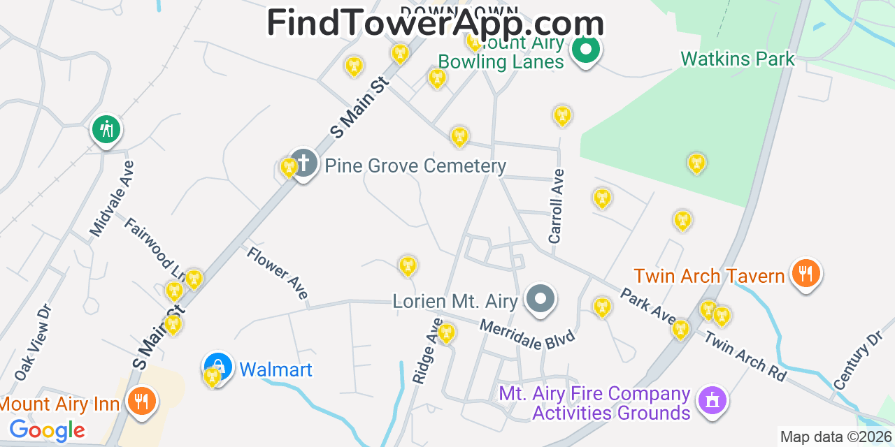 Map showing the 20 primary cell tower locations detected in Mount Airy, Maryland from AT&T, Verizon, and T-Mobile networks