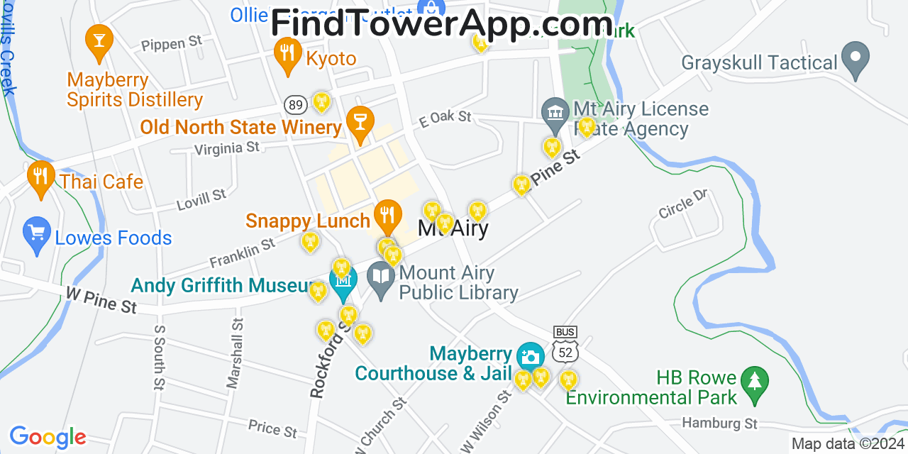 AT&T 4G/5G cell tower coverage map Mount Airy, North Carolina