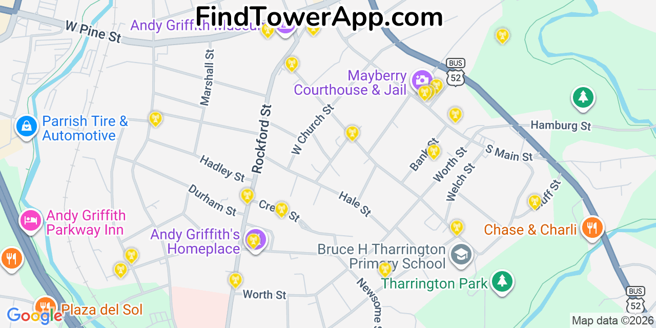 Map showing the 20 primary cell tower locations detected in Mount Airy, North Carolina from AT&T, Verizon, and T-Mobile networks