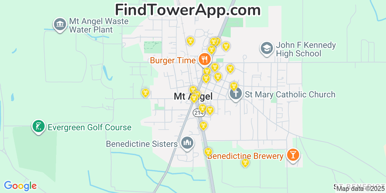 Map showing the 20 primary cell tower locations detected in Mount Angel, Oregon from AT&T, Verizon, and T-Mobile networks