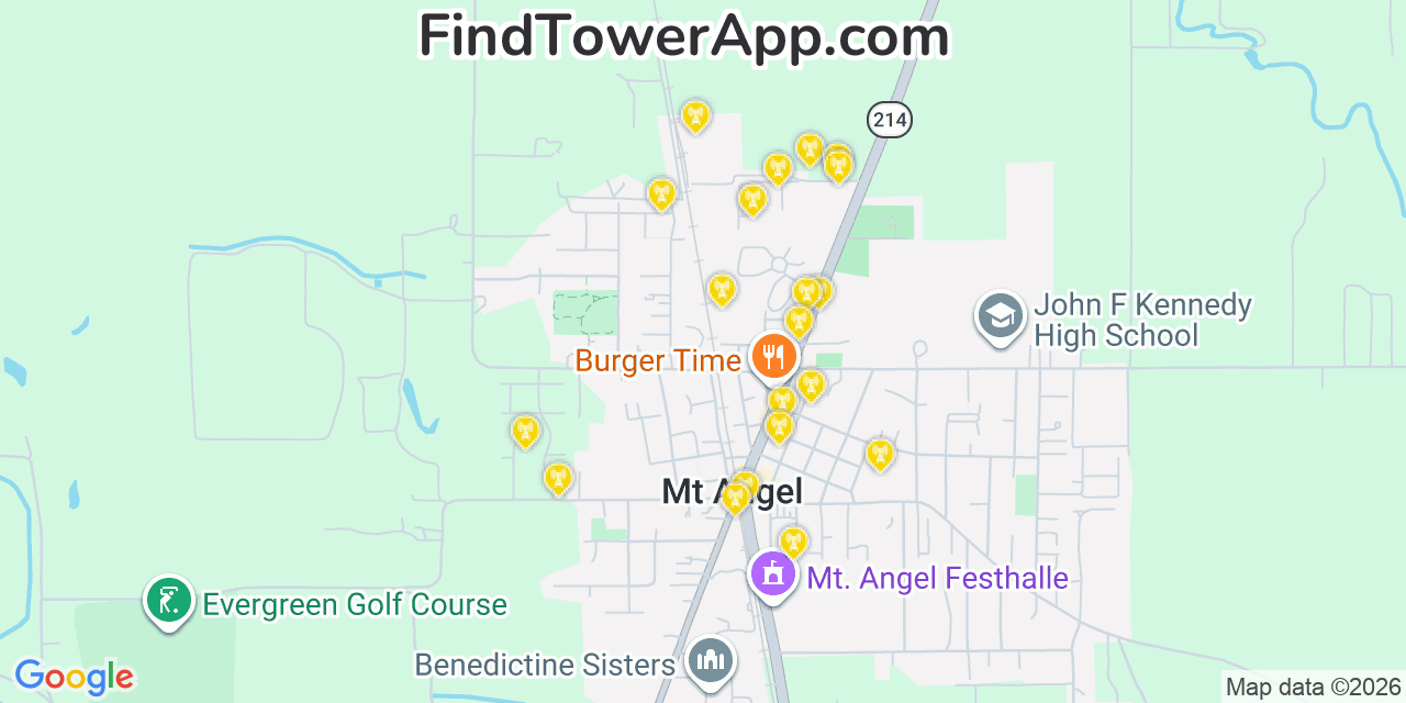 Map showing the 20 primary cell tower locations detected in Mount Angel, Oregon from AT&T, Verizon, and T-Mobile networks