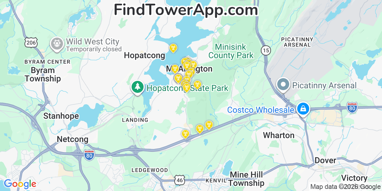 Map showing the 20 primary cell tower locations detected in Mount Arlington, New Jersey from AT&T, Verizon, and T-Mobile networks