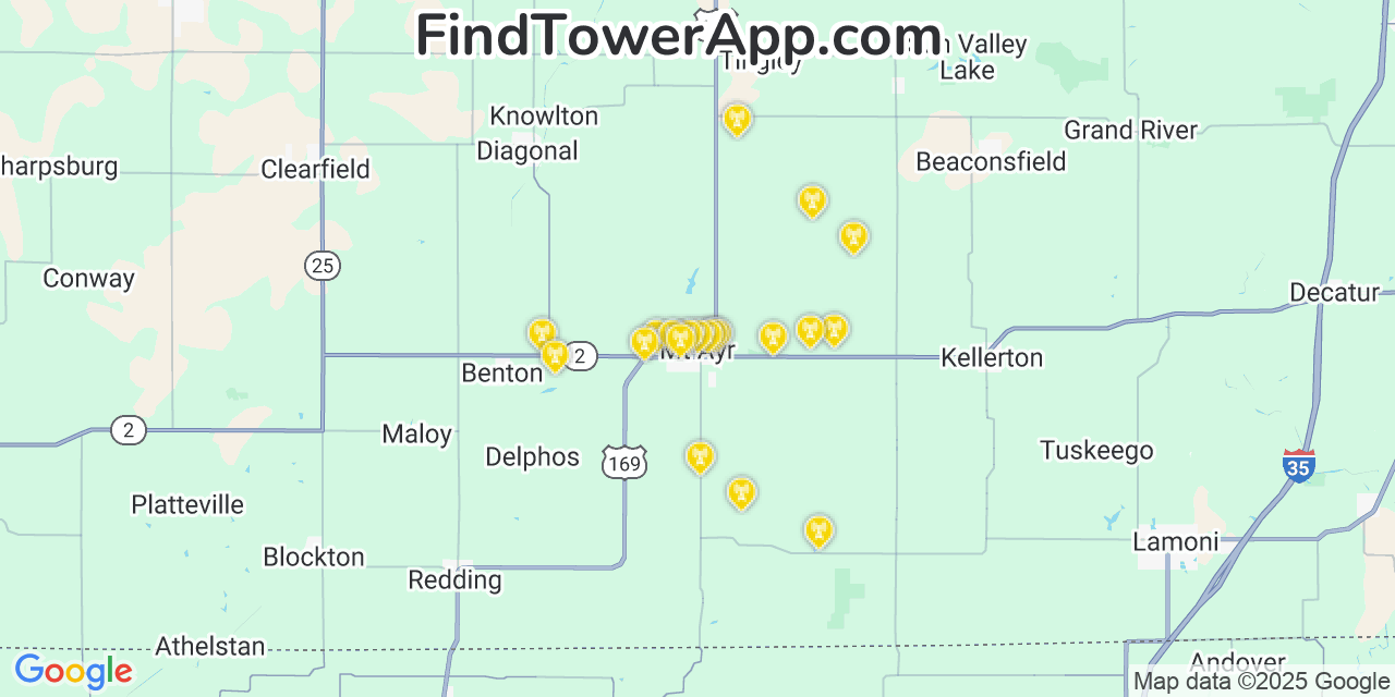 Map showing the 20 primary cell tower locations detected in Mount Ayr, Iowa from AT&T, Verizon, and T-Mobile networks