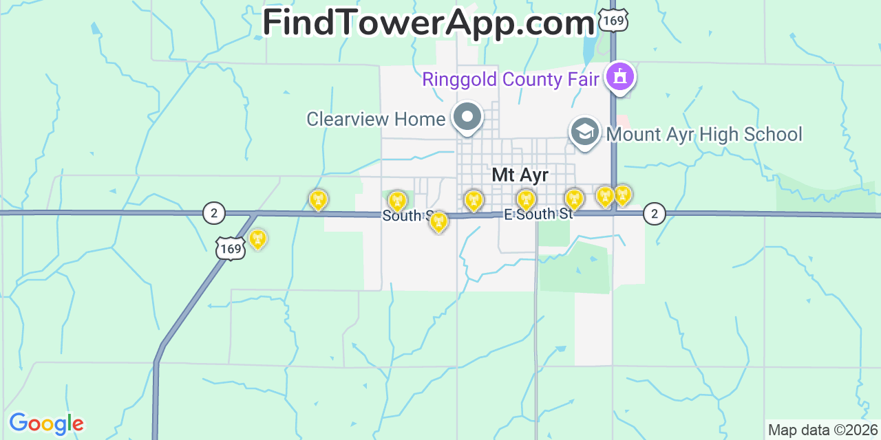Map showing the 20 primary cell tower locations detected in Mount Ayr, Iowa from AT&T, Verizon, and T-Mobile networks