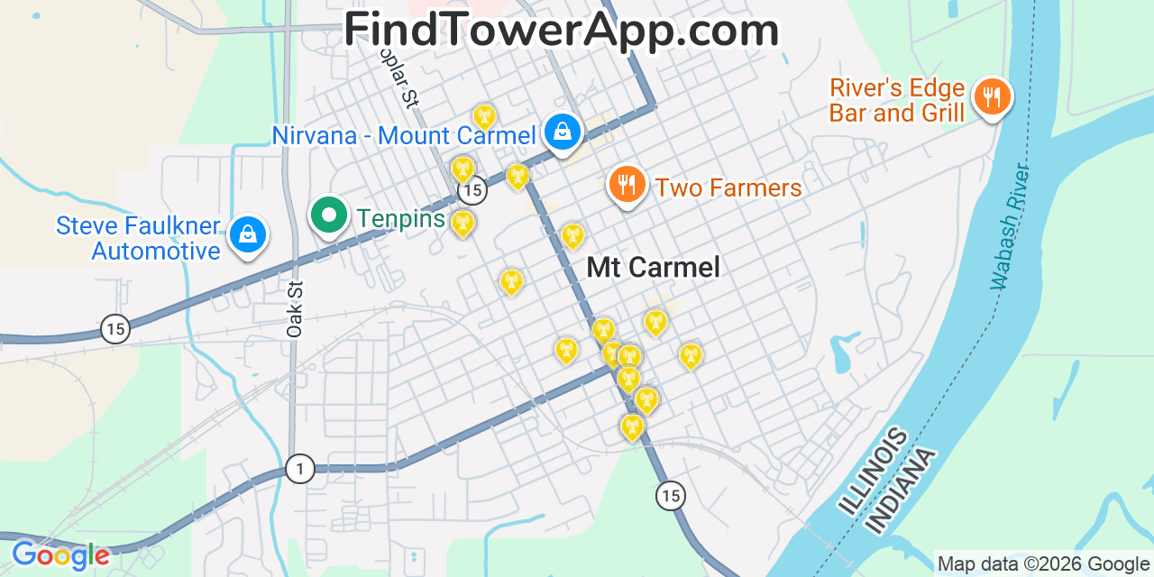 Map showing the 20 primary cell tower locations detected in Mount Carmel, Illinois from AT&T, Verizon, and T-Mobile networks