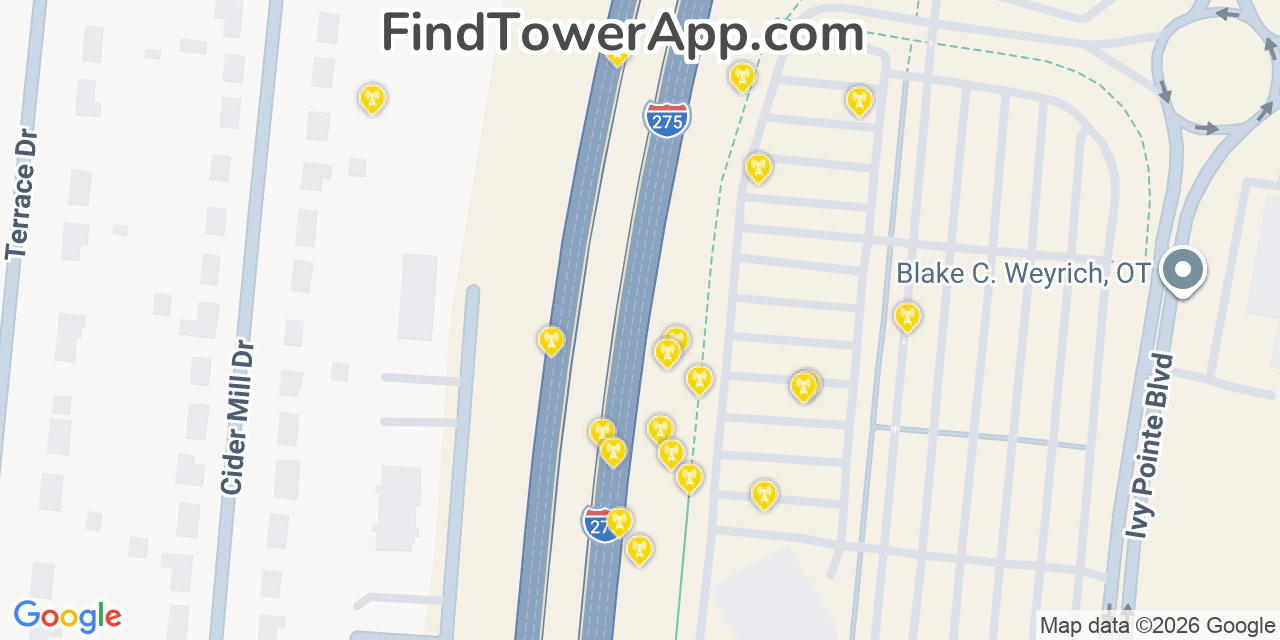 Map showing the 20 primary cell tower locations detected in Mount Carmel, Ohio from AT&T, Verizon, and T-Mobile networks