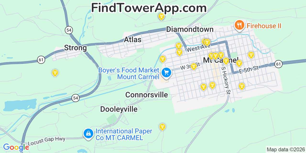 Map showing the 20 primary cell tower locations detected in Mount Carmel, Pennsylvania from AT&T, Verizon, and T-Mobile networks