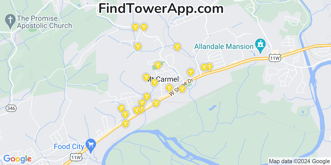 AT&T 4G/5G cell tower coverage map Mount Carmel, Tennessee