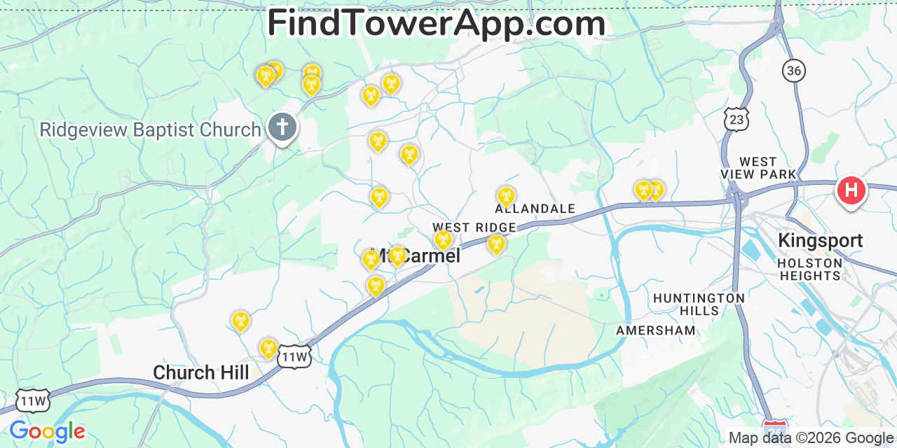 Map showing the 20 primary cell tower locations detected in Mount Carmel, Tennessee from AT&T, Verizon, and T-Mobile networks