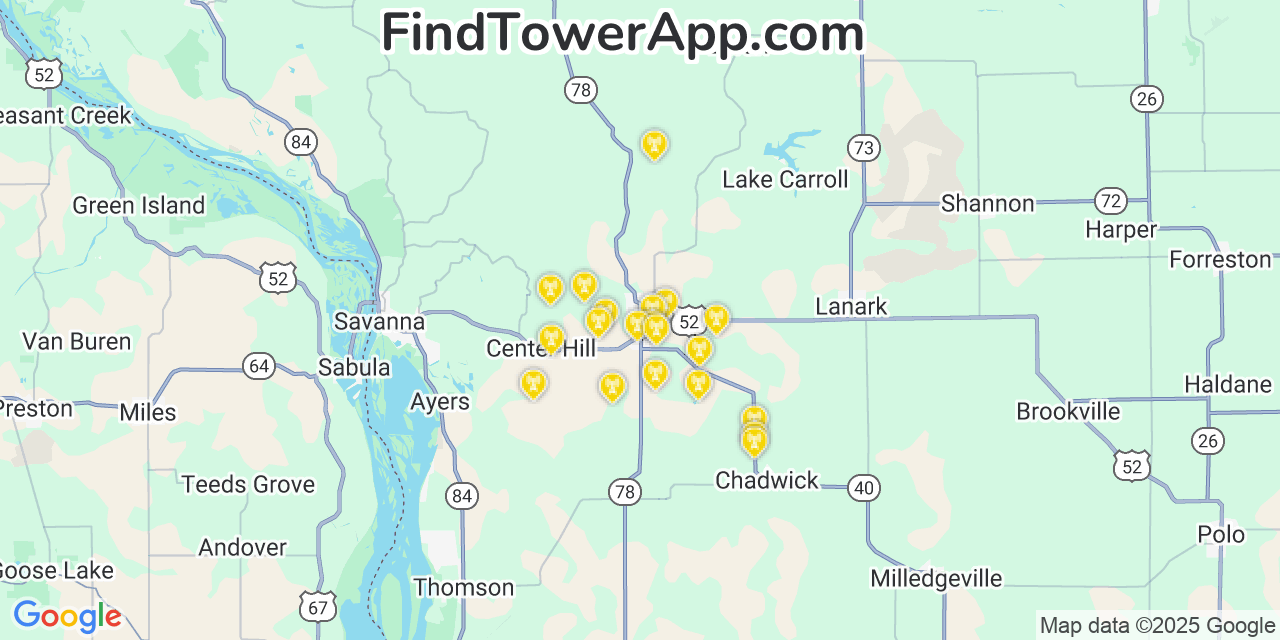 Map showing the 20 primary cell tower locations detected in Mount Carroll, Illinois from AT&T, Verizon, and T-Mobile networks