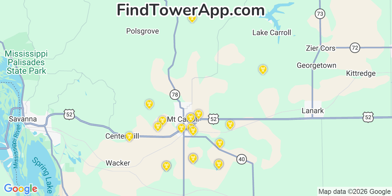 Map showing the 20 primary cell tower locations detected in Mount Carroll, Illinois from AT&T, Verizon, and T-Mobile networks