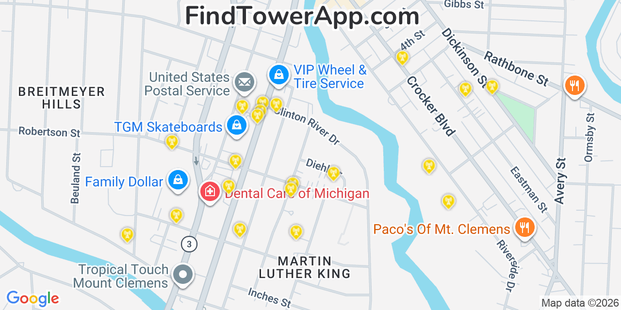 Map showing the 20 primary cell tower locations detected in Mount Clemens, Michigan from AT&T, Verizon, and T-Mobile networks