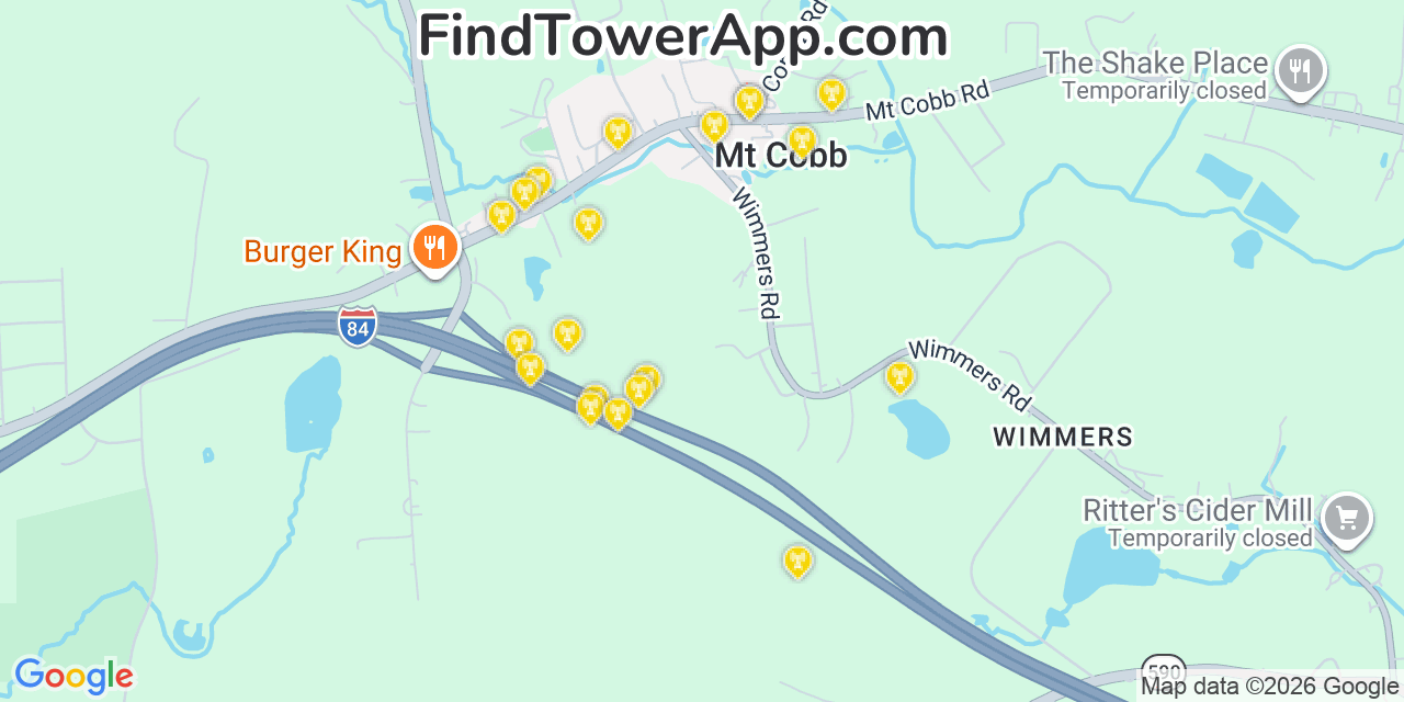 Map showing the 20 primary cell tower locations detected in Mount Cobb, Pennsylvania from AT&T, Verizon, and T-Mobile networks
