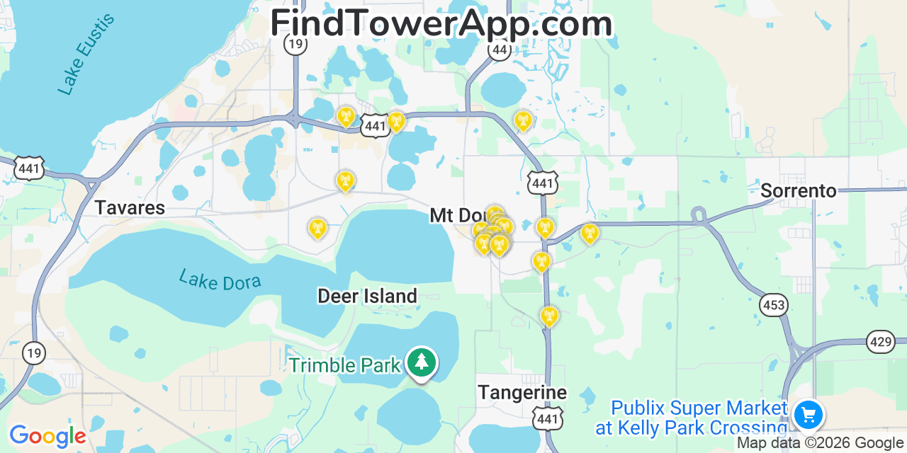 Map showing the 20 primary cell tower locations detected in Mount Dora, Florida from AT&T, Verizon, and T-Mobile networks