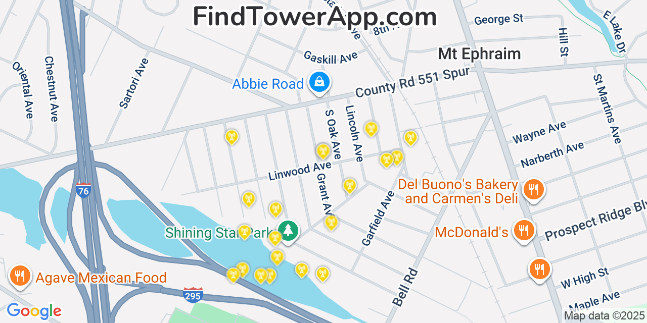 Map showing the 20 primary cell tower locations detected in Mount Ephraim, New Jersey from AT&T, Verizon, and T-Mobile networks