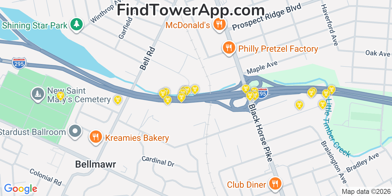 Map showing the 20 primary cell tower locations detected in Mount Ephraim, New Jersey from AT&T, Verizon, and T-Mobile networks