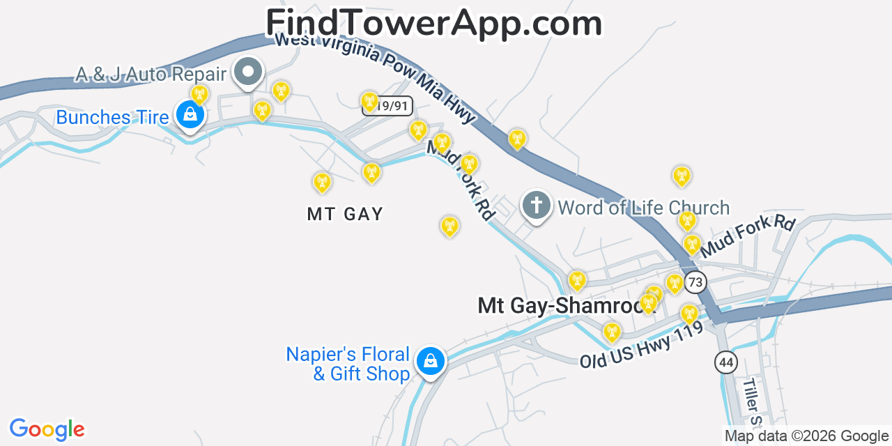 Map showing the 20 primary cell tower locations detected in Mount Gay Shamrock, West Virginia from AT&T, Verizon, and T-Mobile networks