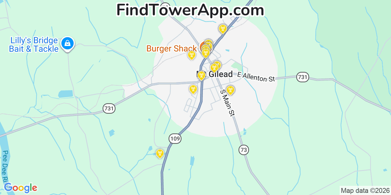 Map showing the 20 primary cell tower locations detected in Mount Gilead, North Carolina from AT&T, Verizon, and T-Mobile networks