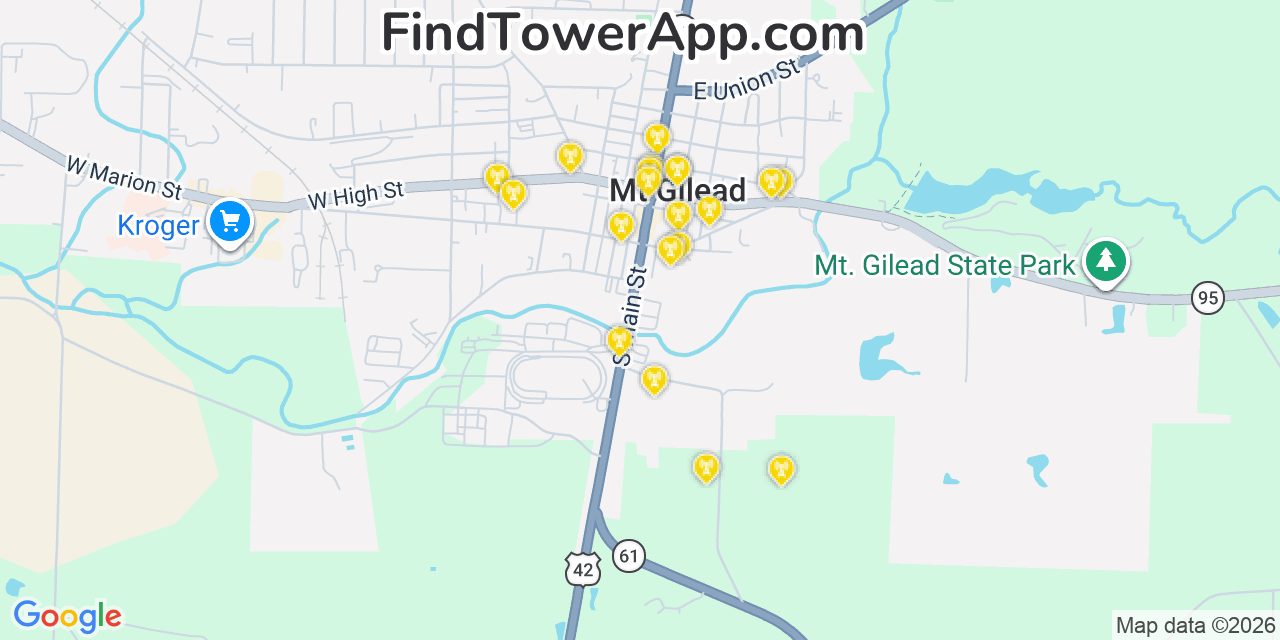 Map showing the 20 primary cell tower locations detected in Mount Gilead, Ohio from AT&T, Verizon, and T-Mobile networks
