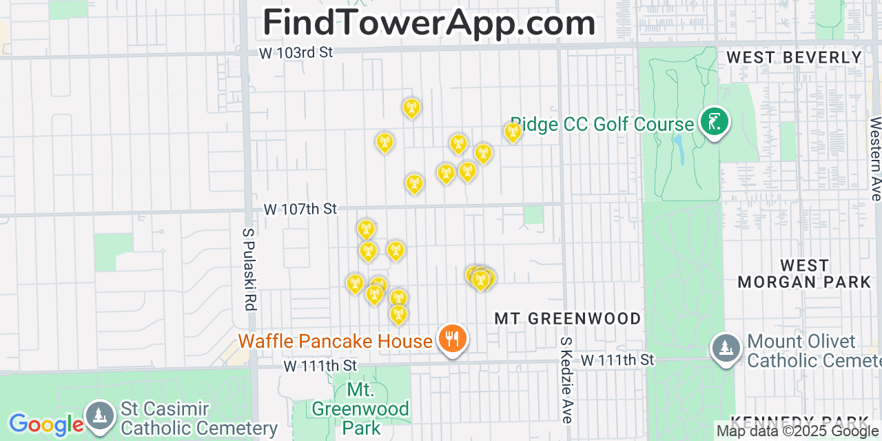 Map showing the 20 primary cell tower locations detected in Mount Greenwood, Illinois from AT&T, Verizon, and T-Mobile networks