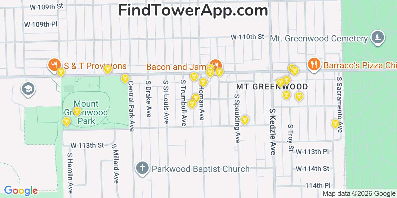 Map showing the 20 primary cell tower locations detected in Mount Greenwood, Illinois from AT&T, Verizon, and T-Mobile networks