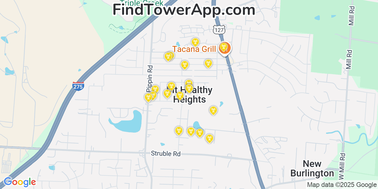 Map showing the 20 primary cell tower locations detected in Mount Healthy Heights, Ohio from AT&T, Verizon, and T-Mobile networks