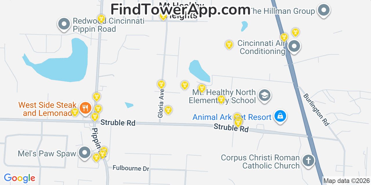 Map showing the 20 primary cell tower locations detected in Mount Healthy Heights, Ohio from AT&T, Verizon, and T-Mobile networks