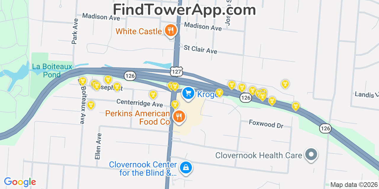 Map showing the 20 primary cell tower locations detected in Mount Healthy, Ohio from AT&T, Verizon, and T-Mobile networks