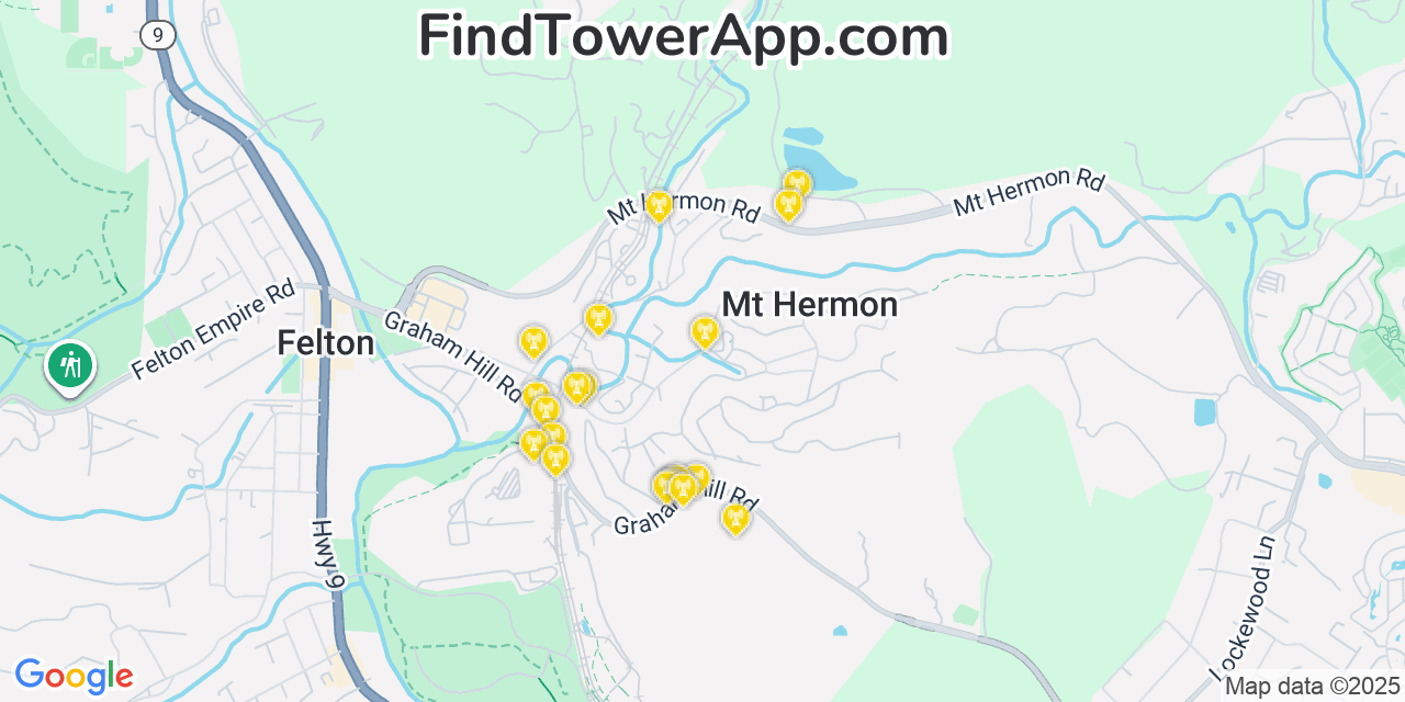 Map showing the 20 primary cell tower locations detected in Mount Hermon, California from AT&T, Verizon, and T-Mobile networks