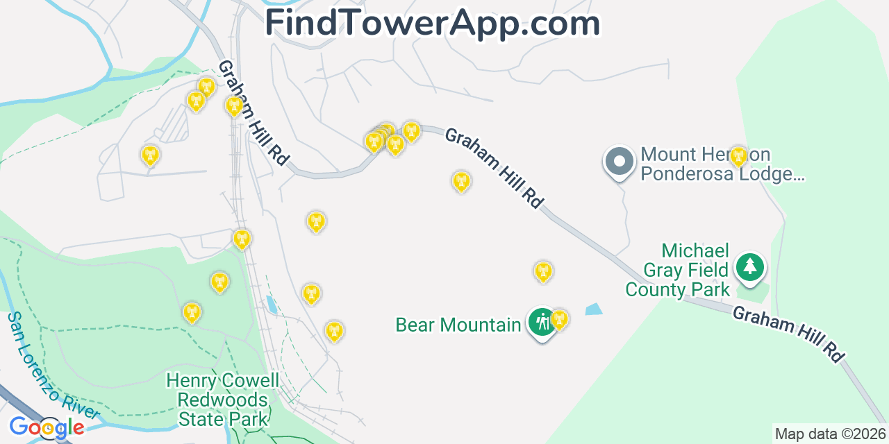Map showing the 20 primary cell tower locations detected in Mount Hermon, California from AT&T, Verizon, and T-Mobile networks