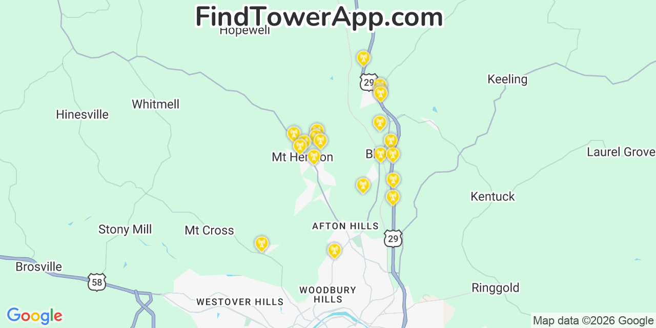 Map showing the 20 primary cell tower locations detected in Mount Hermon, Virginia from AT&T, Verizon, and T-Mobile networks