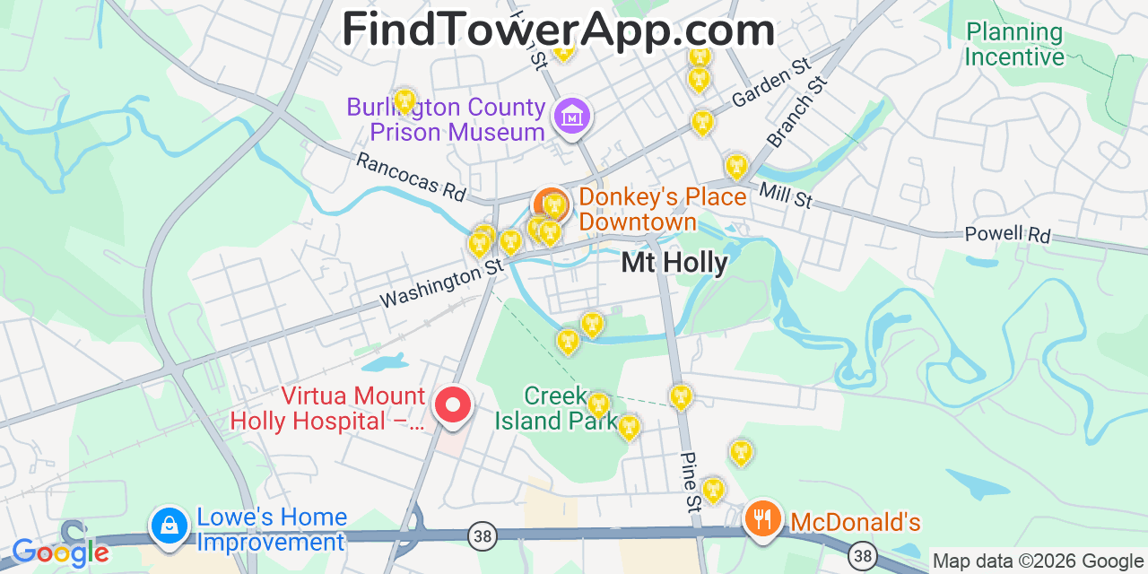 Map showing the 20 primary cell tower locations detected in Mount Holly, New Jersey from AT&T, Verizon, and T-Mobile networks
