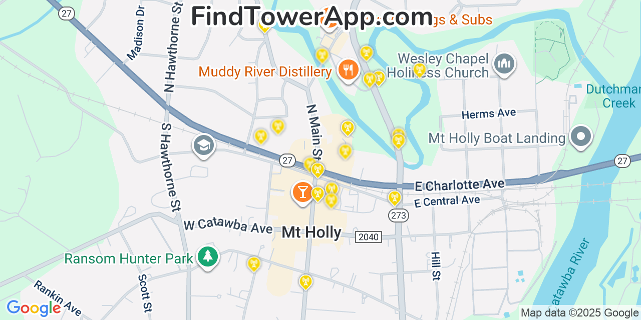 Map showing the 20 primary cell tower locations detected in Mount Holly, North Carolina from AT&T, Verizon, and T-Mobile networks