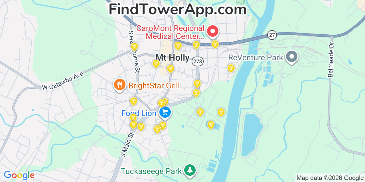 Map showing the 20 primary cell tower locations detected in Mount Holly, North Carolina from AT&T, Verizon, and T-Mobile networks