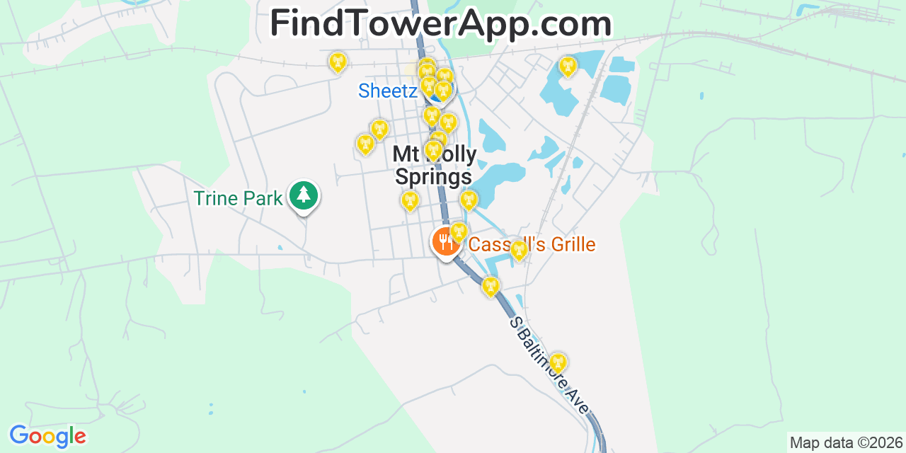Map showing the 20 primary cell tower locations detected in Mount Holly Springs, Pennsylvania from AT&T, Verizon, and T-Mobile networks