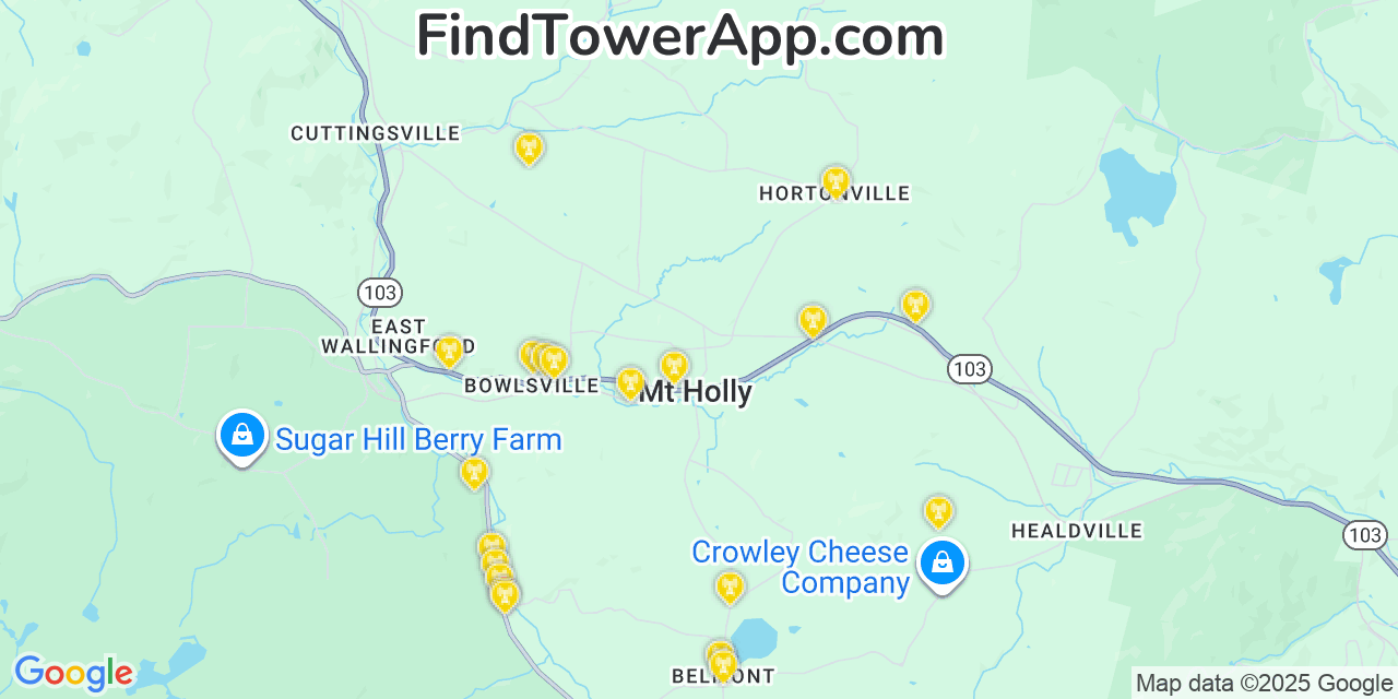 Map showing the 20 primary cell tower locations detected in Mount Holly, Vermont from AT&T, Verizon, and T-Mobile networks