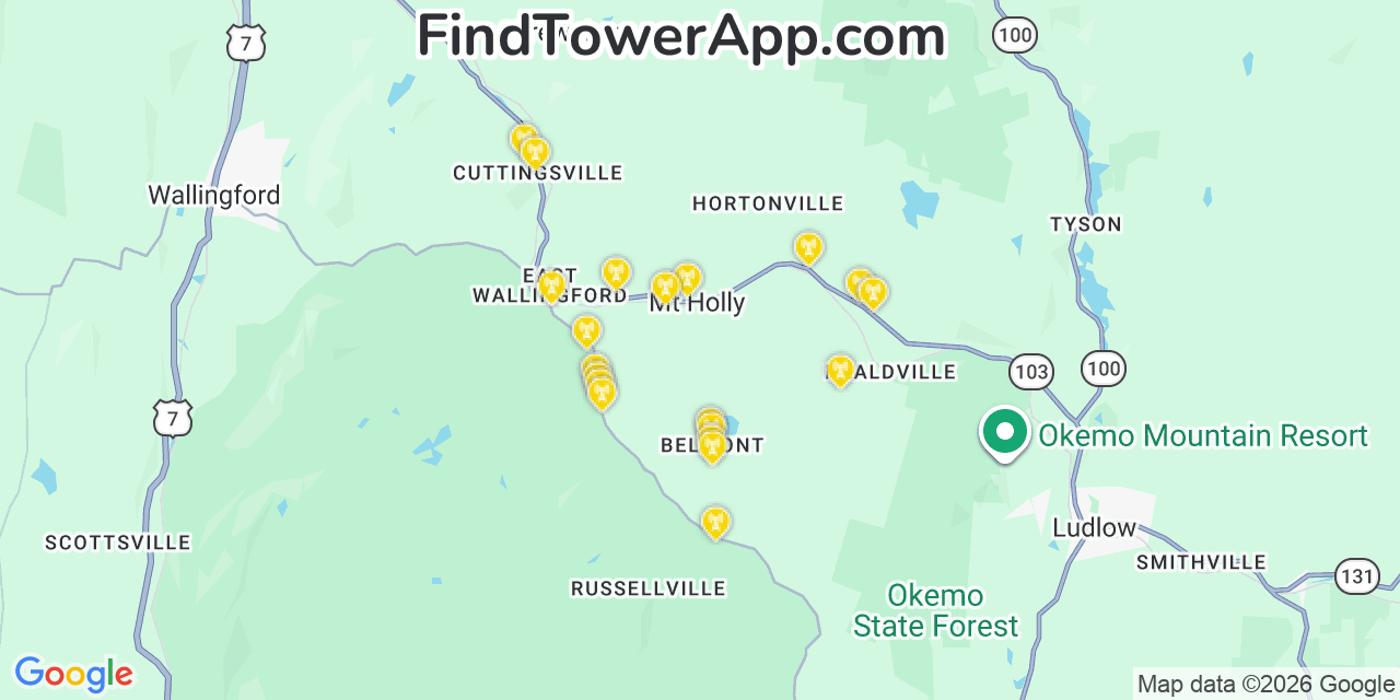 Map showing the 20 primary cell tower locations detected in Mount Holly, Vermont from AT&T, Verizon, and T-Mobile networks